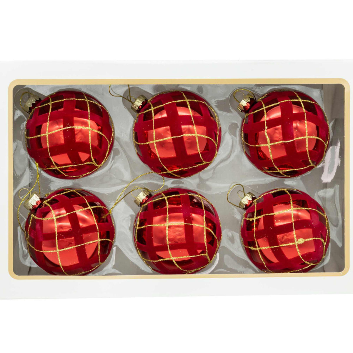 67544 Flocked Red With Gold Glittered Design Ball Ornaments, St/6 GG1133