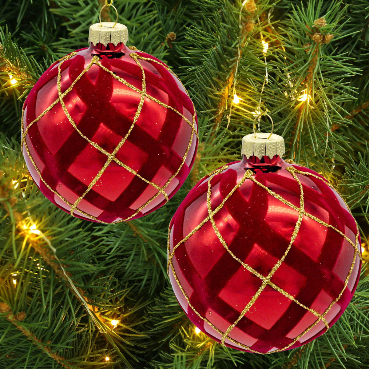 Kurt S. Adler Flocked Red With Gold Glittered Design Ball Ornaments, St/6 - - SBKGifts.com