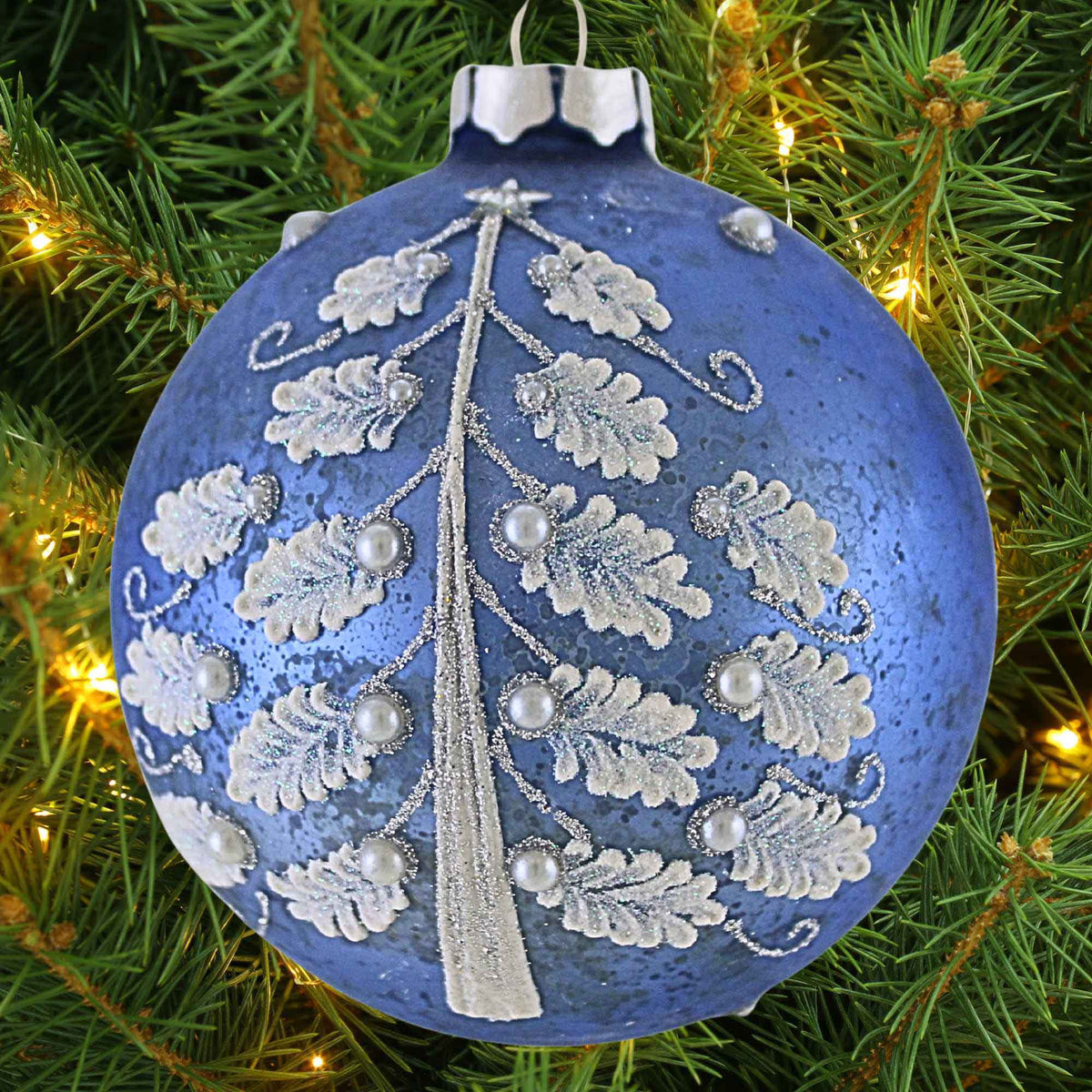 Roman Blue Ornament W/Tree & Pearls - - SBKGifts.com