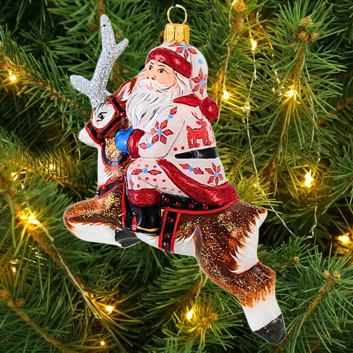 Metzler Bros. Poinsettia Santa On A Reindeer - - SBKGifts.com