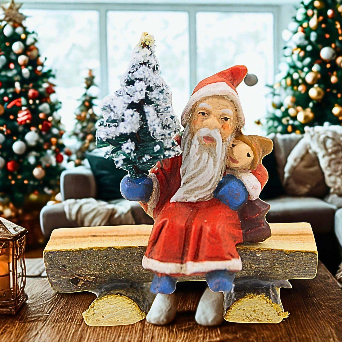 Marolin Miniature Santa Sitting On Wooden Bench - - SBKGifts.com