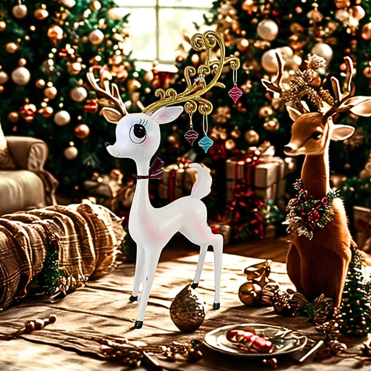 December Diamonds White Retro Deer With Ornaments - - SBKGifts.com