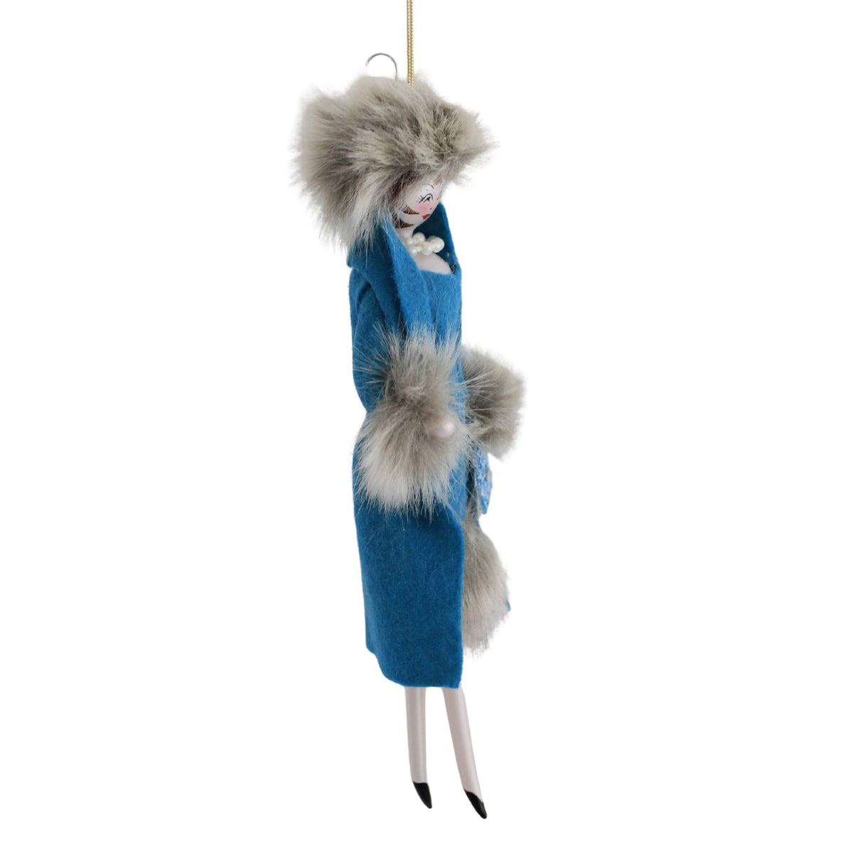 De Carlini Italian Ornaments Kate Helen In Blue Coat With Fur Trim - - SBKGifts.com