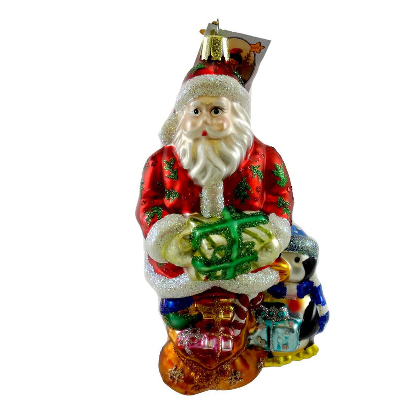 Inge Glas North Pole Delivery Blown Glass Santa Penquin Ornament 906006 (19065)