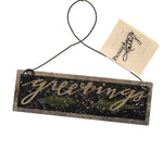 Christmas Greetings Plaque Metal Holidays Holly Glittered Tie-On 24894 (24574)