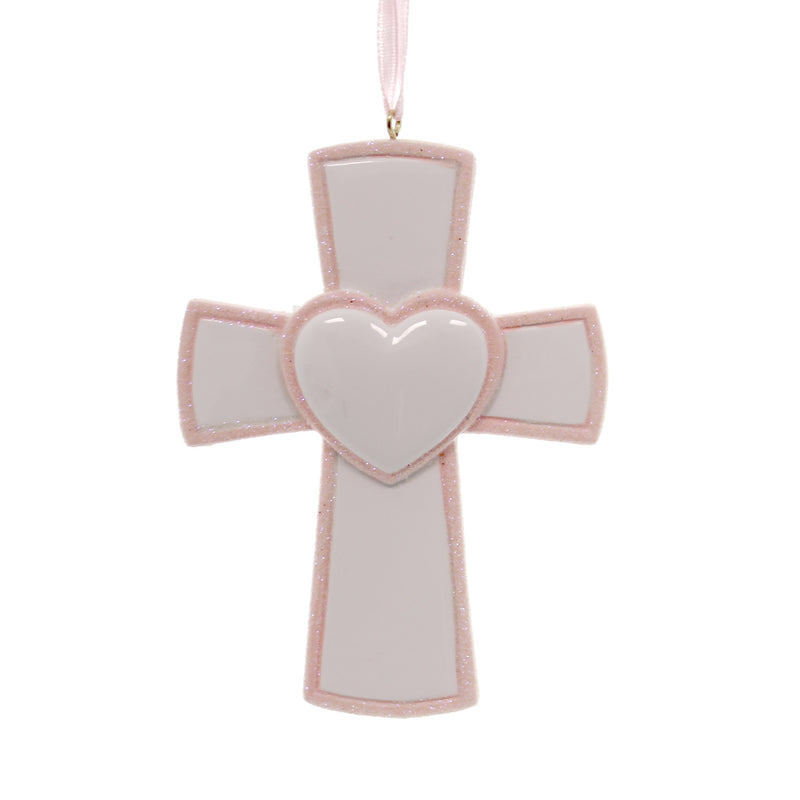 Personalized Ornament Pink Cross Polyresin Religious Heart Baby Girl 82G (27466)