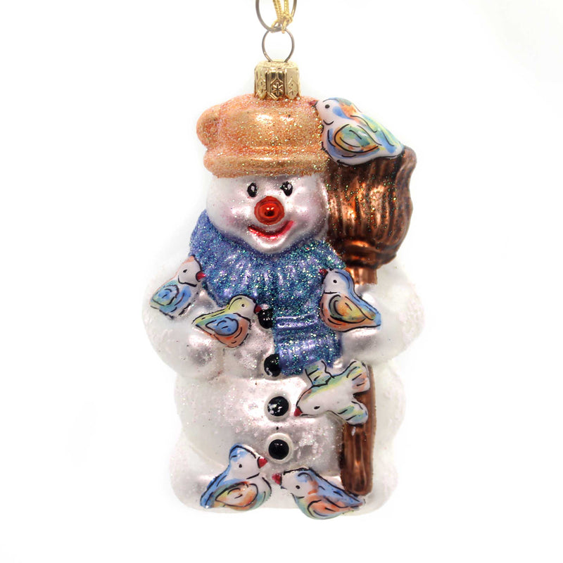 Oberfrankische Glas Snowman With Birds Glass Broom Scarf Glittered 3379030 (30154)