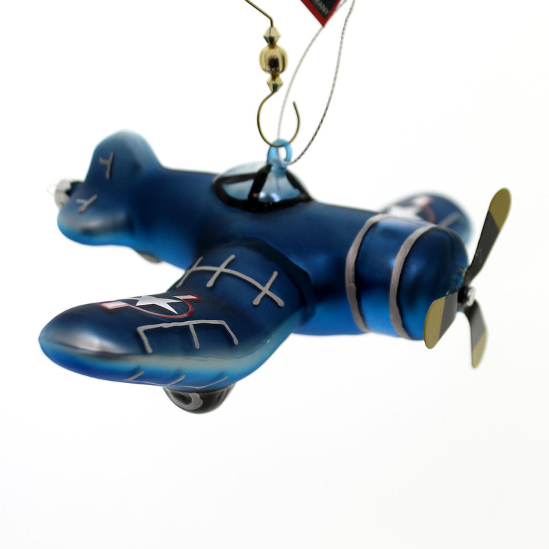 Holiday Ornaments Blue Fighter Plane Glass Military 12096. (34246)