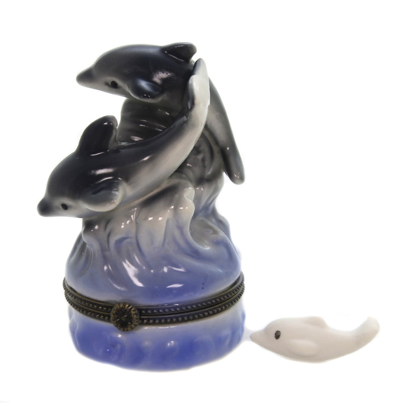 Hinged Trinket Box Two Dolphins Porcelain Ocean Mammal Eb650 (40234)