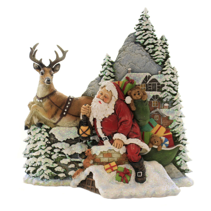 (41897) Christmas Santa In Chimney Rooftop Scene, 10.25 Inch, Reindeer Lantern 131558