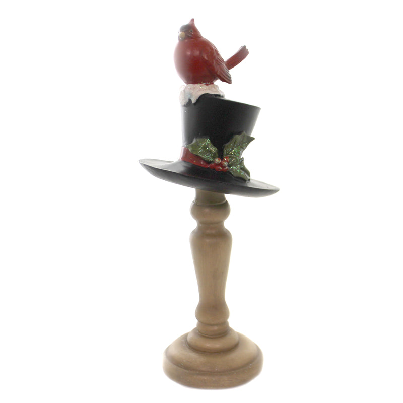Christmas Top Hat W/Cardinal Pedestal Sm Polyresin Red Bird Holly 53920B1 (43191)