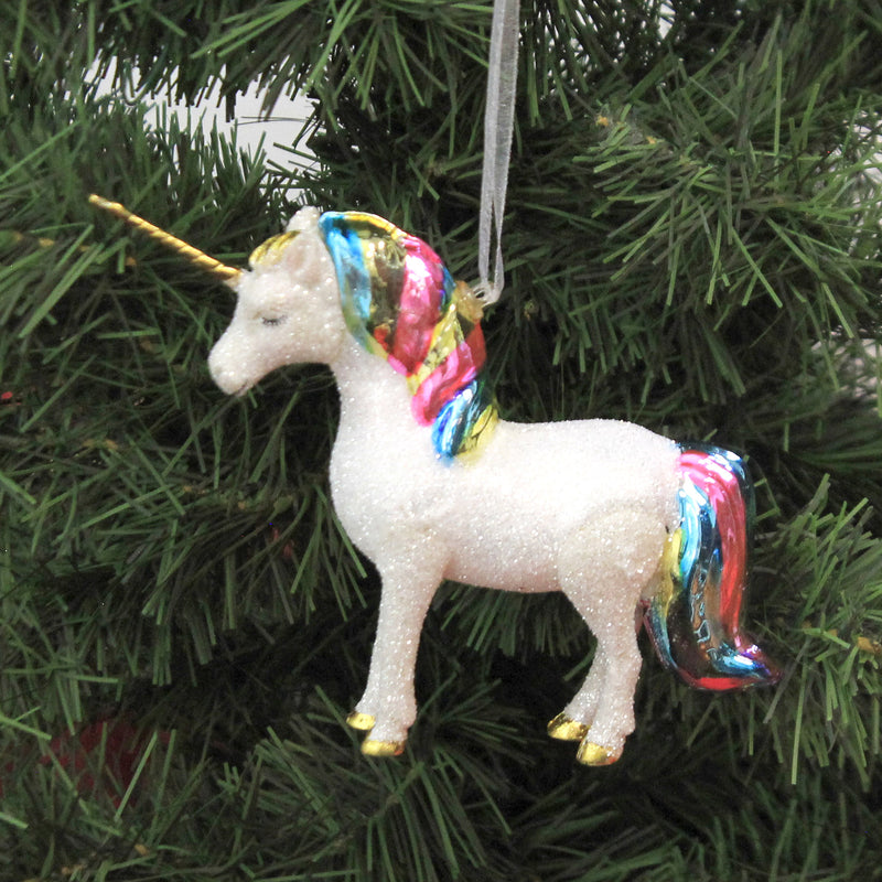 Holiday Ornament White Glittered Rainbow Unicorn - - SBKGifts.com