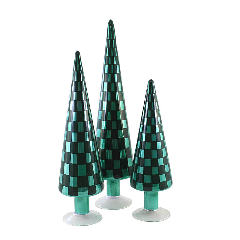 Christmas Green Trees Set/3 Glass Checkered Tree Glass Cd1624gr (53670)