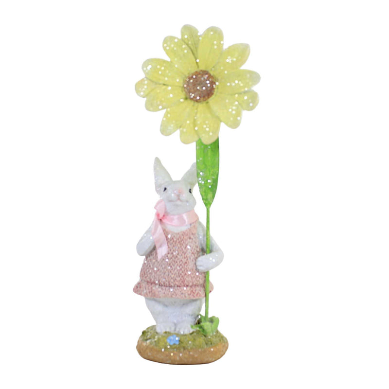 Easter Bunny In Pink Dress Figurine Polyresin Glittered Daisy Flower 20372A (55217)